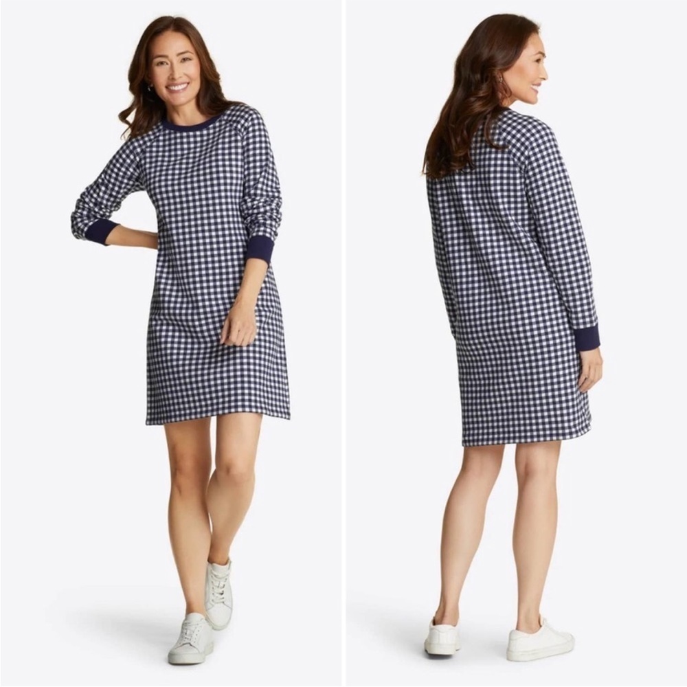 DRAPER JAMES NWOT Natalie Cottage Preppy Navy/White Gingham Sweatshirt Dress 1X